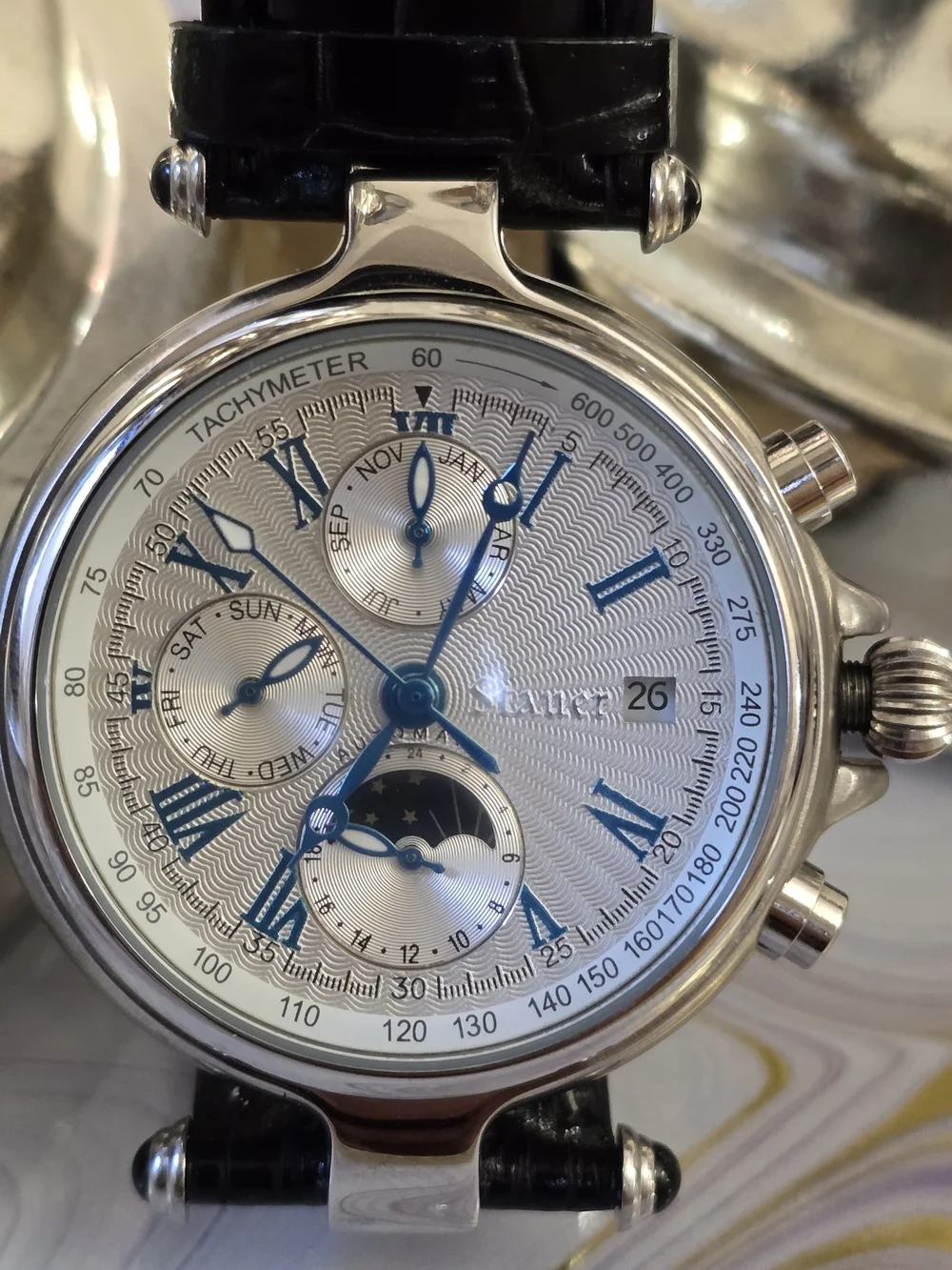 Stauer Men’s Silver Chronograph Watch with Blue Accents and Automatic Watch